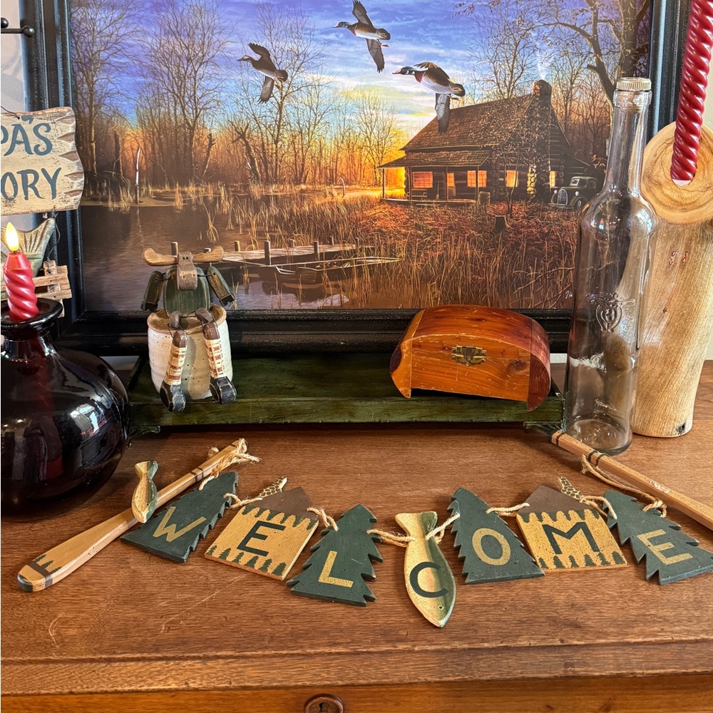 Rustic Cabin Wooden Welcome Sign Oars Fish Vintage Grandpa Fishing Decor - Picture 12 of 17